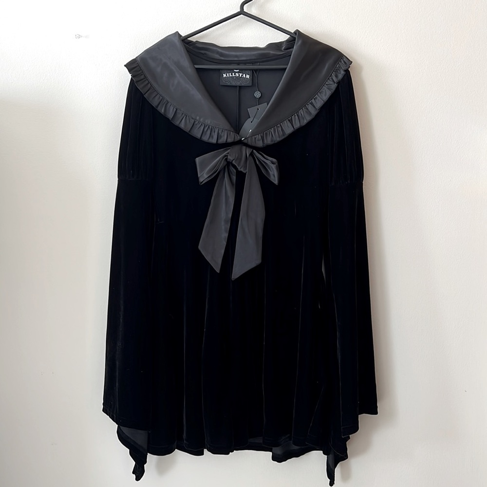 Killstar Black Velvet Dress w/ Bell Sleeves and Collar, L, NWT